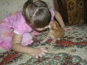 маленький ребенок и котенок